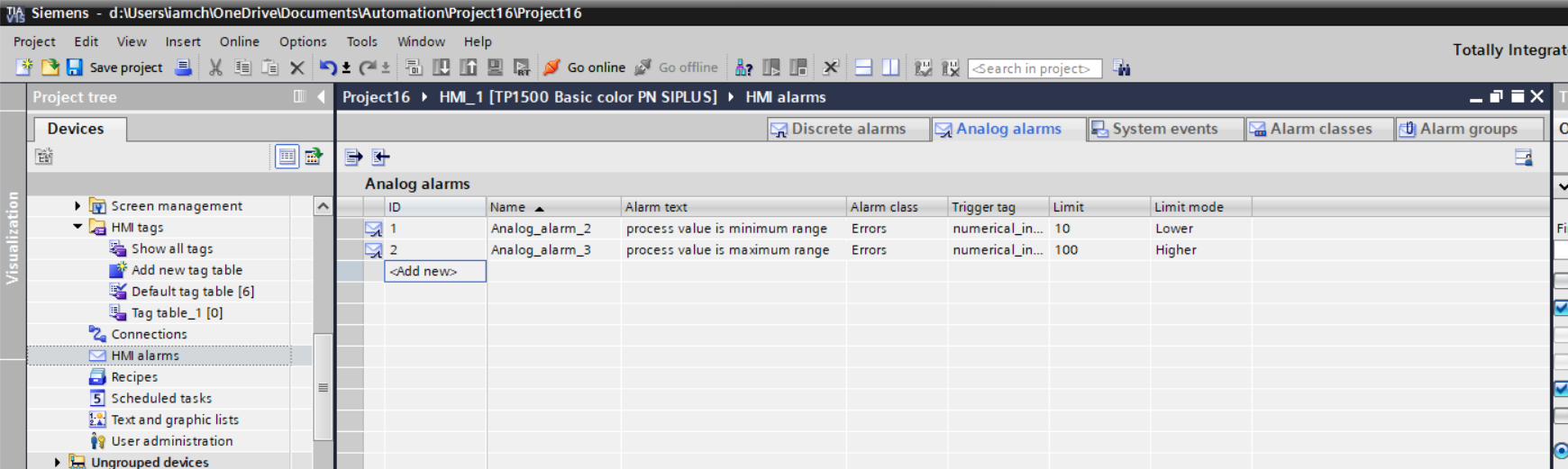 configure analog alarm in wincc hmi